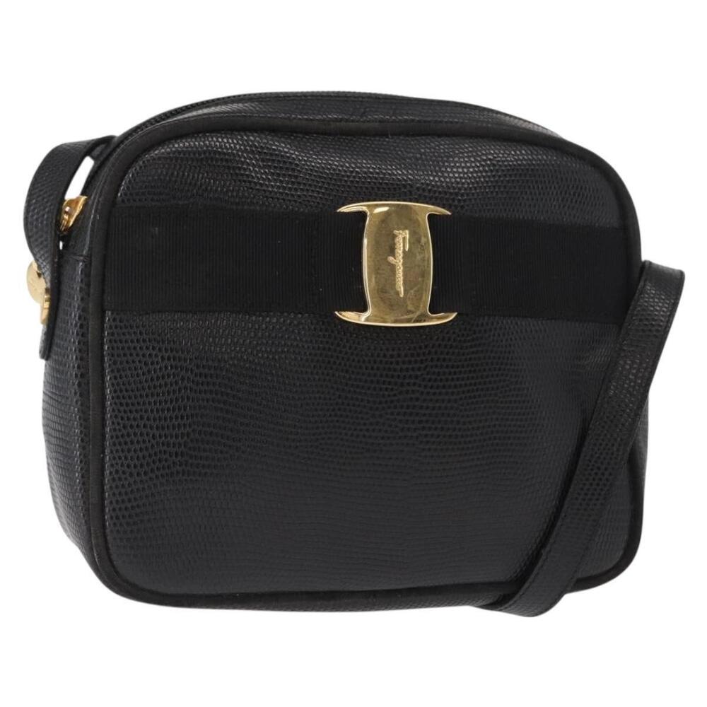 Salvatore Ferragamo Vala Shoulder Bag Leather Black Gold Auth gh1483